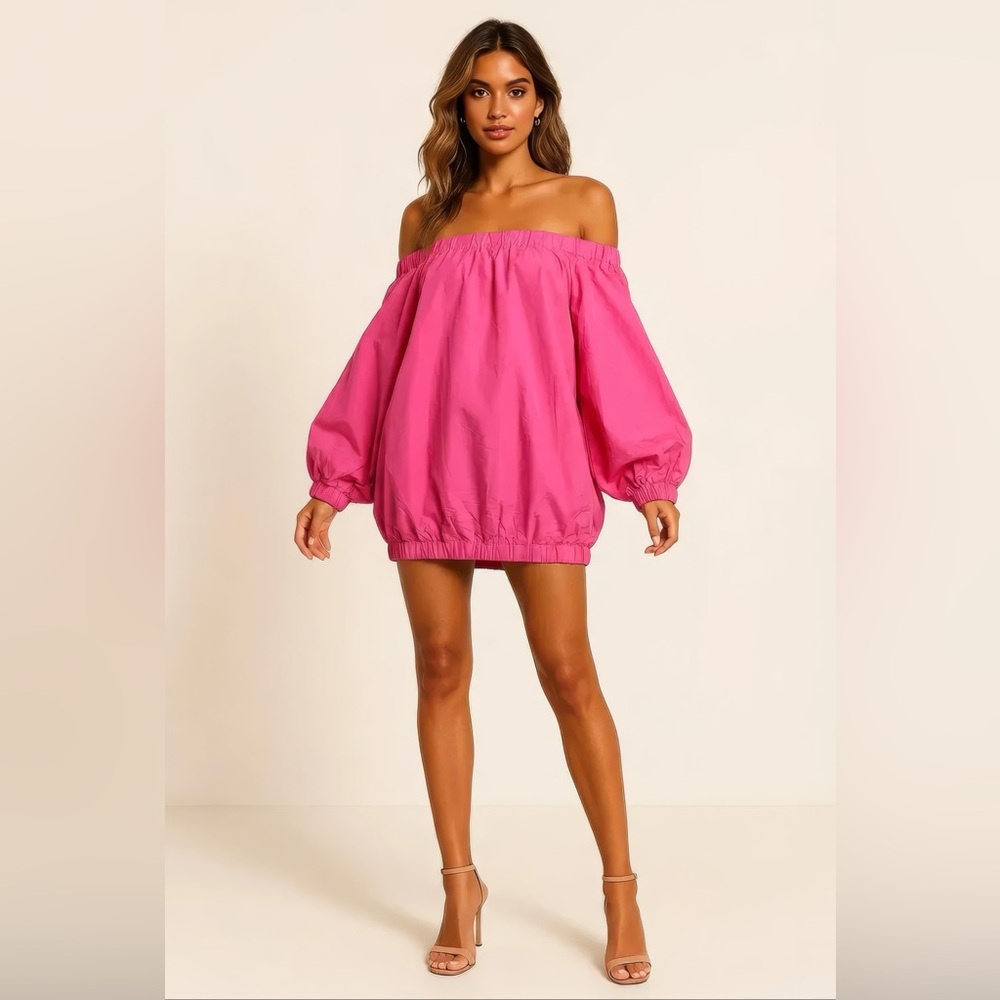 Off-Shoulder Bubble Sleeve Mini Dress in Hot Pink